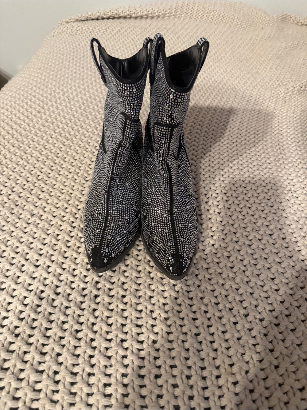 Embellished Black Rhinestone Western Ankle Boots - Women's